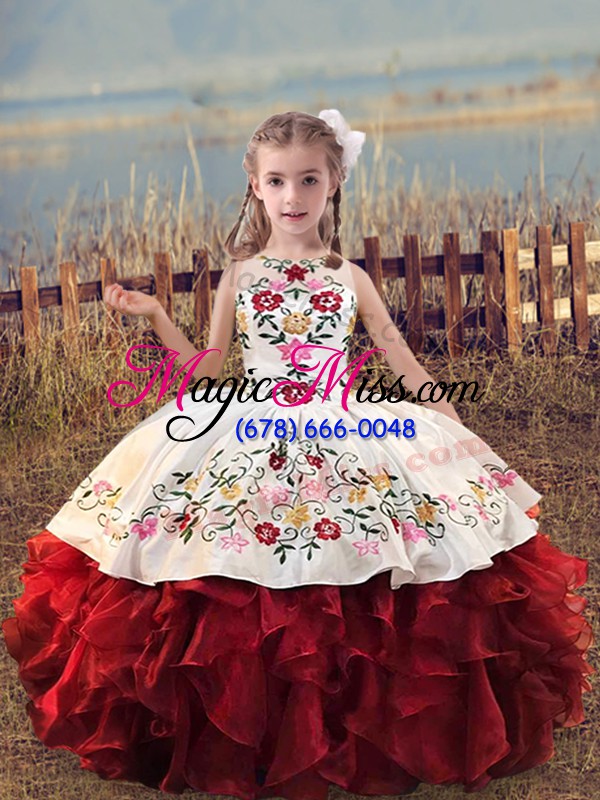 wholesale white and red ball gowns scoop sleeveless organza floor length lace up embroidery and ruffles little girls pageant dress