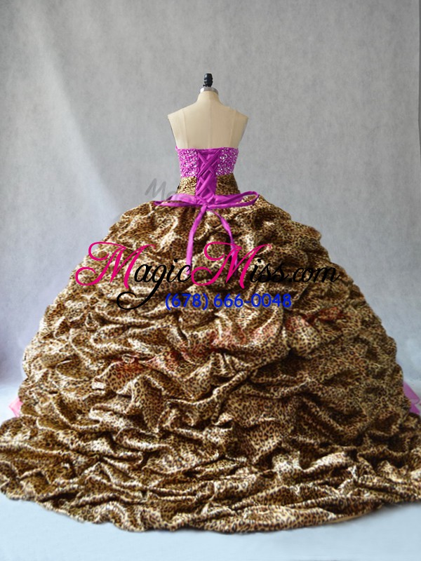 wholesale sweet organza and printed sleeveless quinceanera dress brush train and beading and pick ups