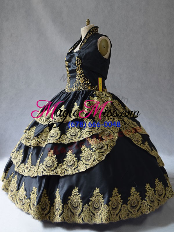 wholesale captivating black lace up sweetheart embroidery quinceanera dress satin sleeveless