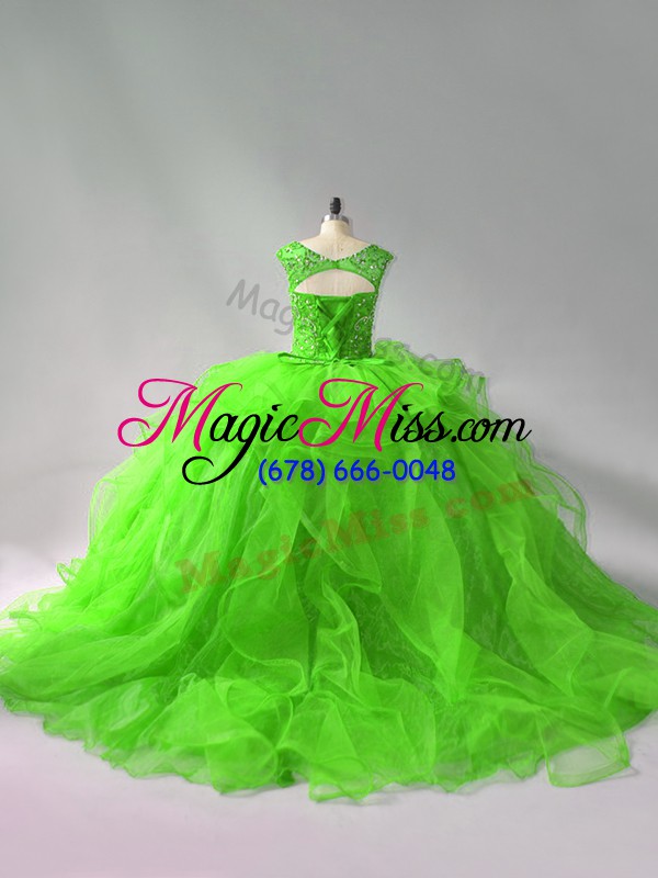 wholesale trendy sleeveless brush train lace up beading and ruffles quinceanera gowns