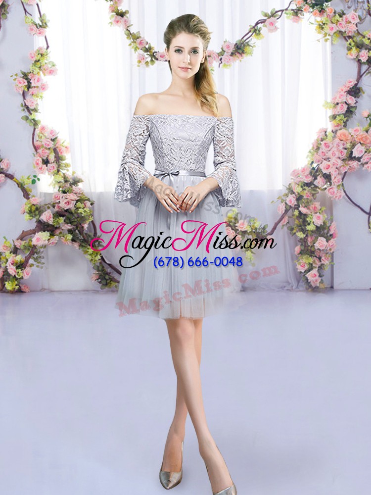 wholesale off the shoulder 3 4 length sleeve tulle wedding guest dresses lace and belt lace up