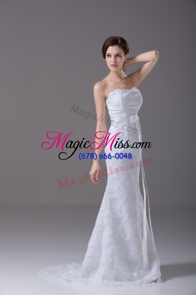 wholesale dazzling white zipper wedding dresses lace and belt sleeveless brush train