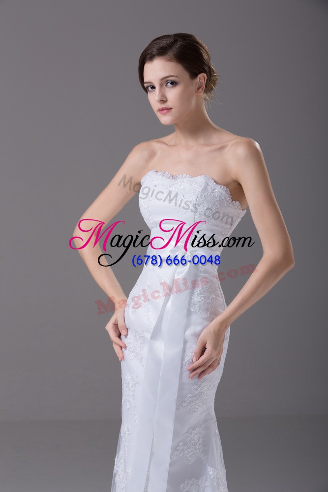 wholesale dazzling white zipper wedding dresses lace and belt sleeveless brush train