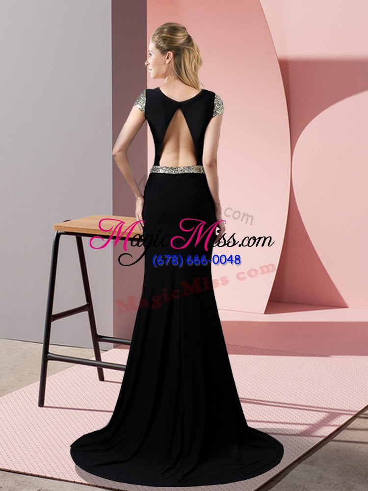 wholesale satin square short sleeves sweep train backless sequins prom dress in black