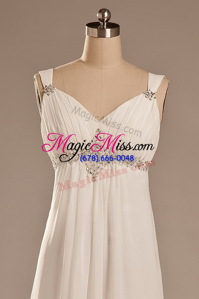wholesale simple chiffon straps sleeveless brush train lace up beading bridal gown in white