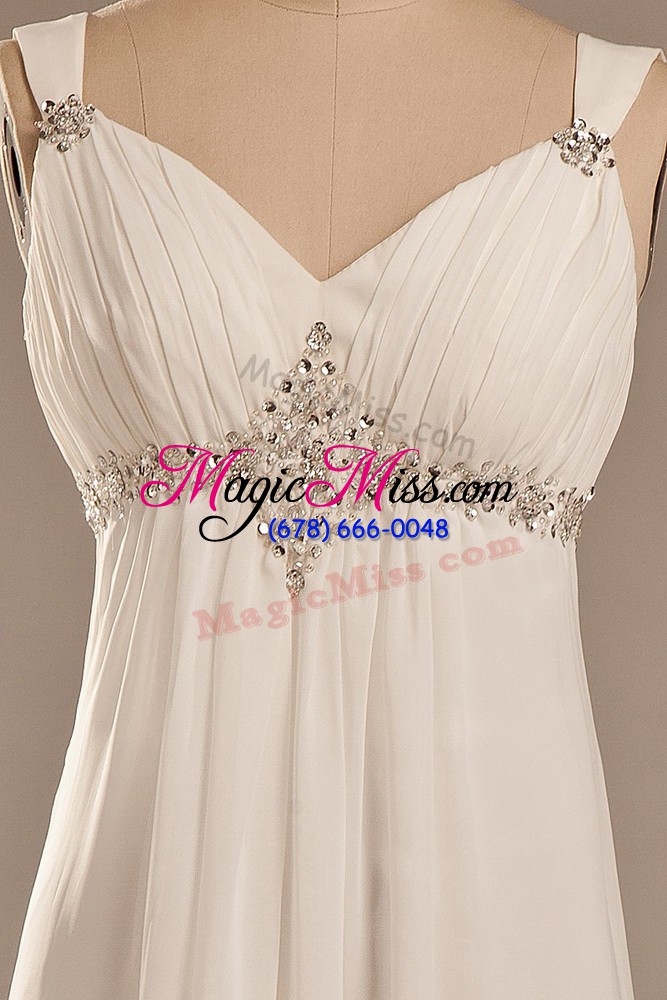wholesale simple chiffon straps sleeveless brush train lace up beading bridal gown in white