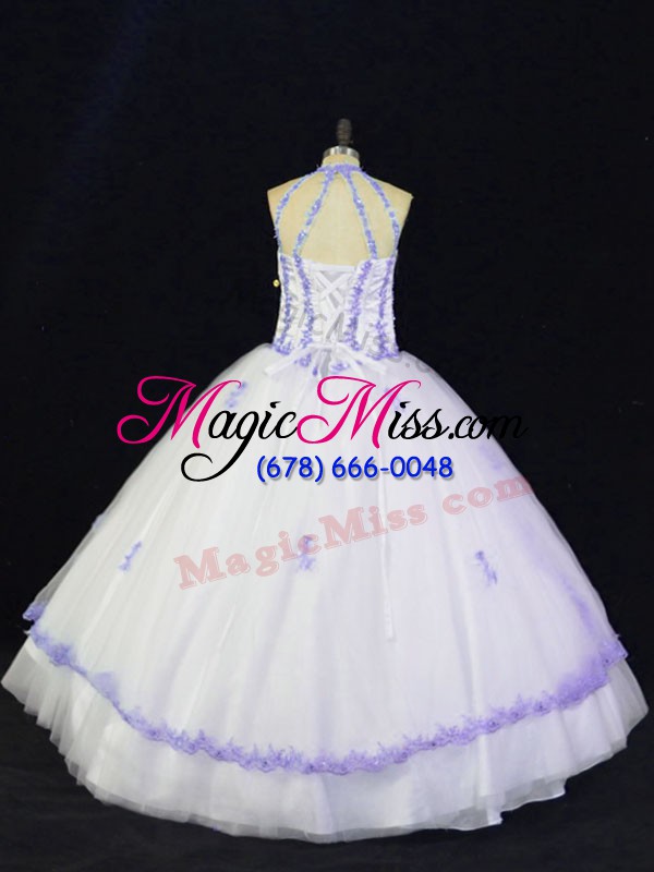 wholesale sleeveless tulle floor length lace up ball gown prom dress in white and purple with appliques