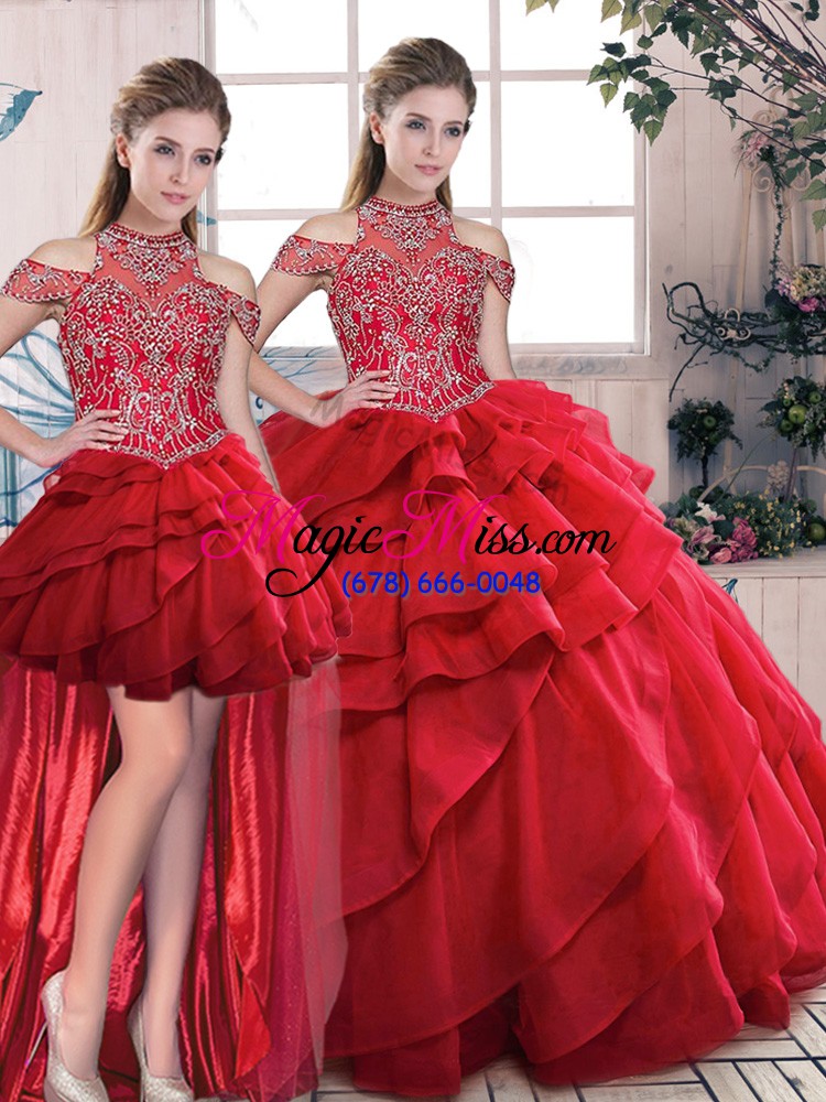 wholesale red organza lace up ball gown prom dress sleeveless beading and ruffles