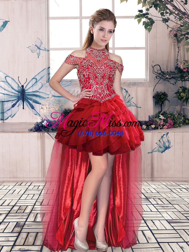 wholesale red organza lace up ball gown prom dress sleeveless beading and ruffles