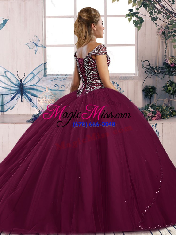 wholesale gorgeous sweetheart cap sleeves tulle quince ball gowns beading brush train lace up