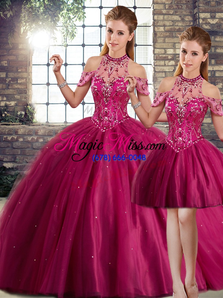 wholesale enchanting beading sweet 16 quinceanera dress fuchsia lace up sleeveless brush train