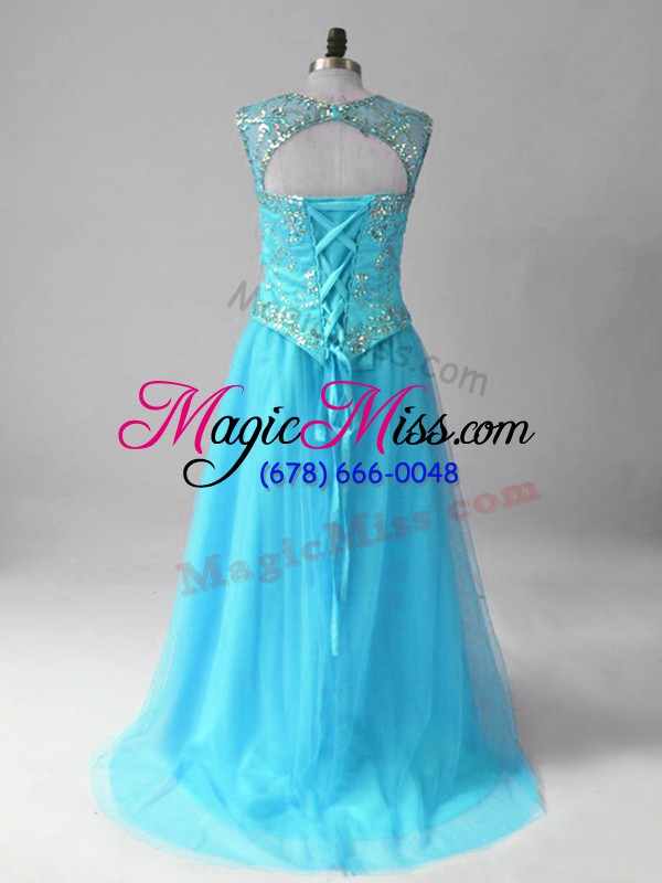 wholesale empire prom party dress aqua blue scoop tulle sleeveless high low lace up