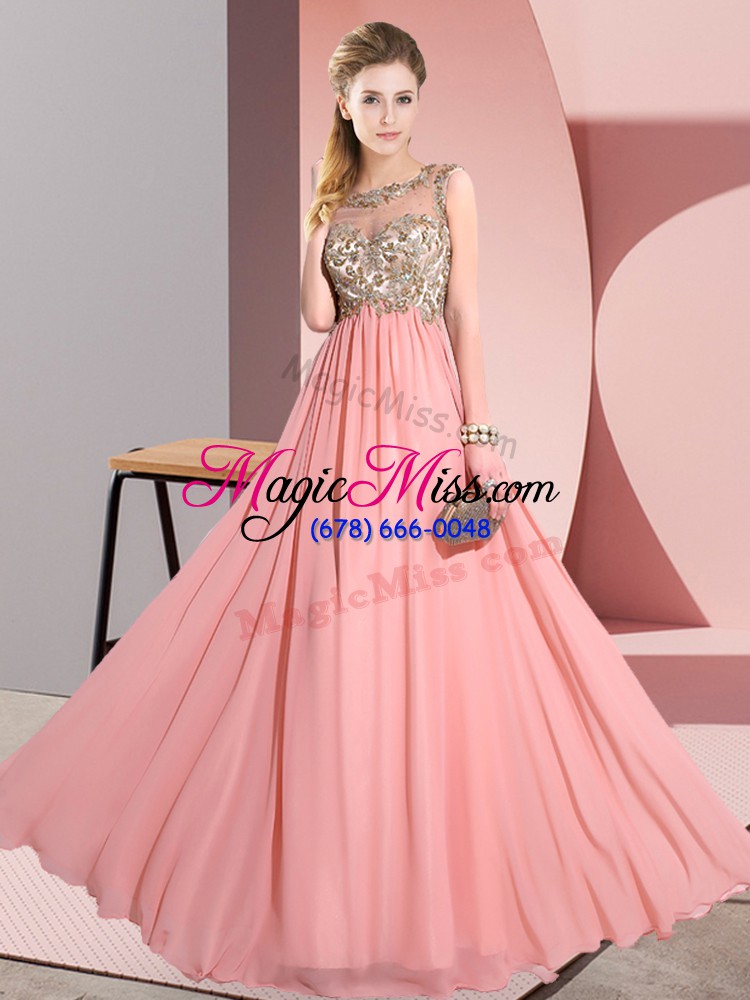 wholesale scoop sleeveless wedding guest dresses floor length beading and appliques pink chiffon