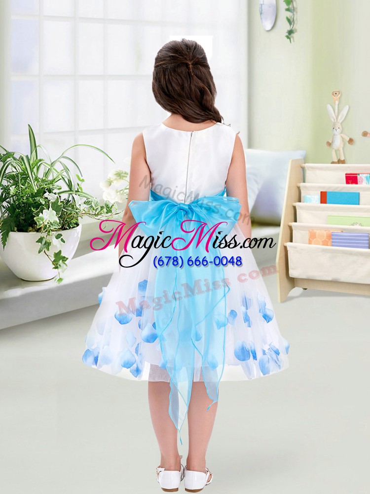 wholesale trendy sleeveless knee length appliques and belt zipper flower girl dress with white
