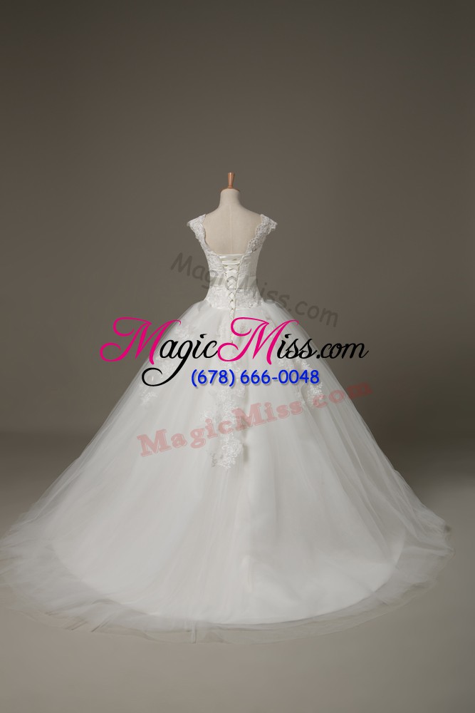 wholesale unique white sleeveless brush train lace and appliques and belt and hand made flower wedding dress