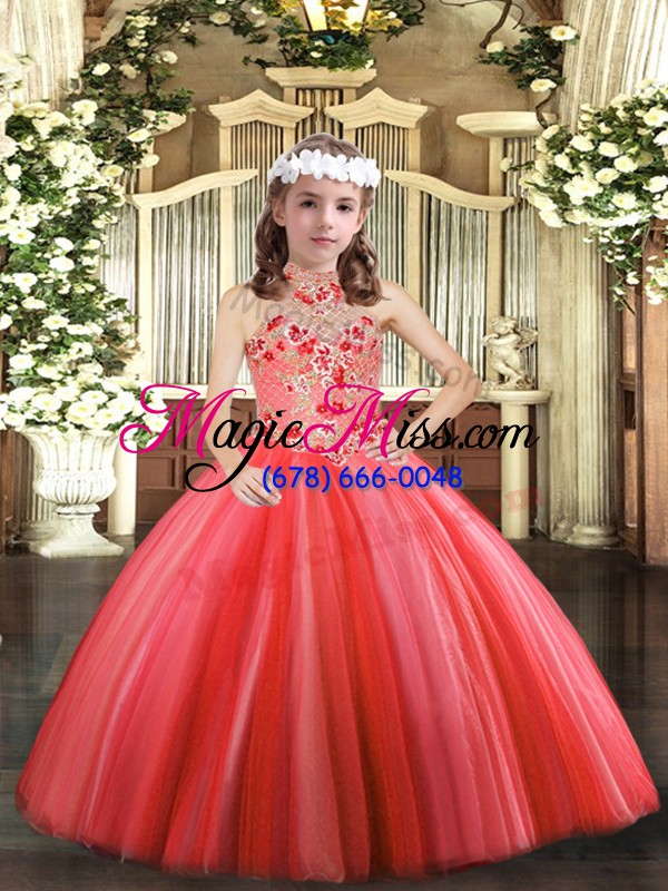 wholesale best floor length lace up little girls pageant dress coral red for party and wedding party with appliques