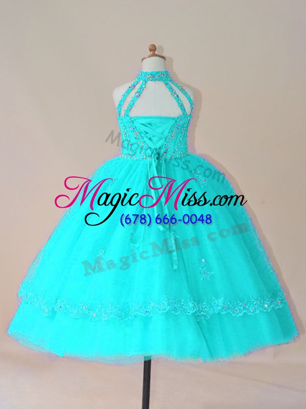 wholesale aqua blue ball gowns beading and appliques child pageant dress lace up tulle sleeveless floor length