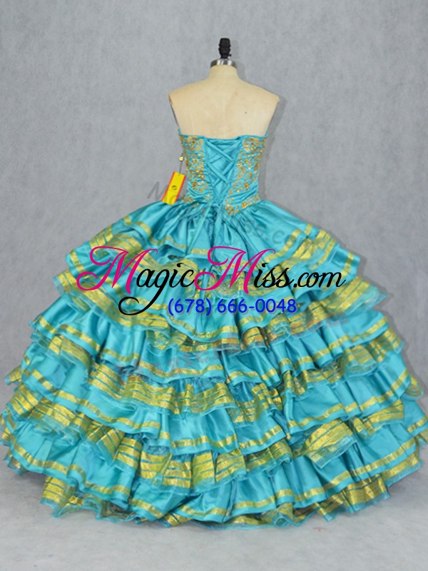 wholesale shining baby blue lace up quinceanera gowns embroidery and ruffled layers sleeveless floor length