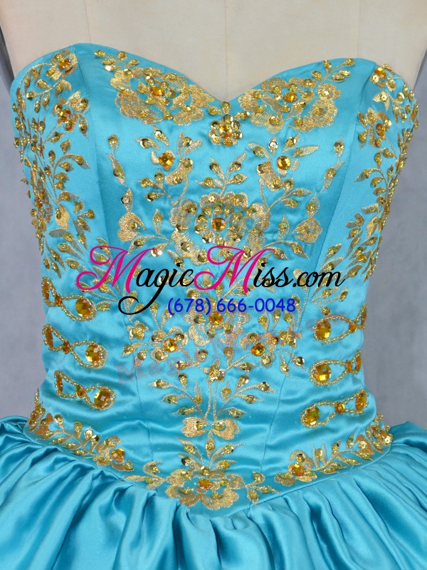 wholesale shining baby blue lace up quinceanera gowns embroidery and ruffled layers sleeveless floor length
