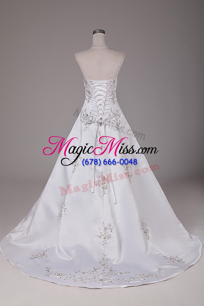 wholesale romantic sleeveless satin brush train lace up wedding dresses in white with beading
