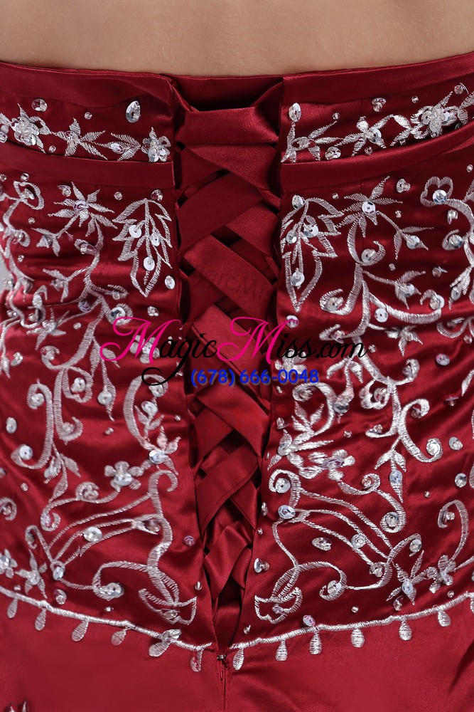 wholesale wine red strapless lace up embroidery and pick ups ball gown prom dress brush train sleeveless