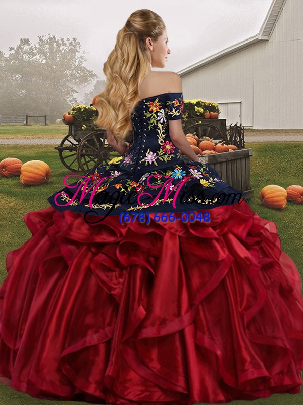 wholesale enchanting sleeveless organza floor length lace up ball gown prom dress in red and black with embroidery and ruffles
