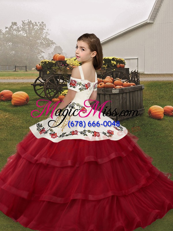 wholesale hot selling floor length olive green little girls pageant gowns tulle sleeveless embroidery and ruffled layers