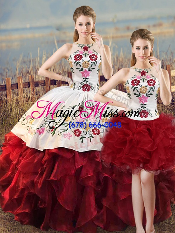 wholesale attractive embroidery and ruffles quinceanera gowns white and red lace up sleeveless floor length