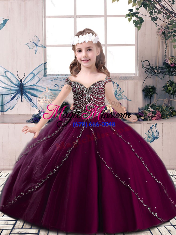 wholesale burgundy straps neckline beading pageant gowns for girls sleeveless lace up