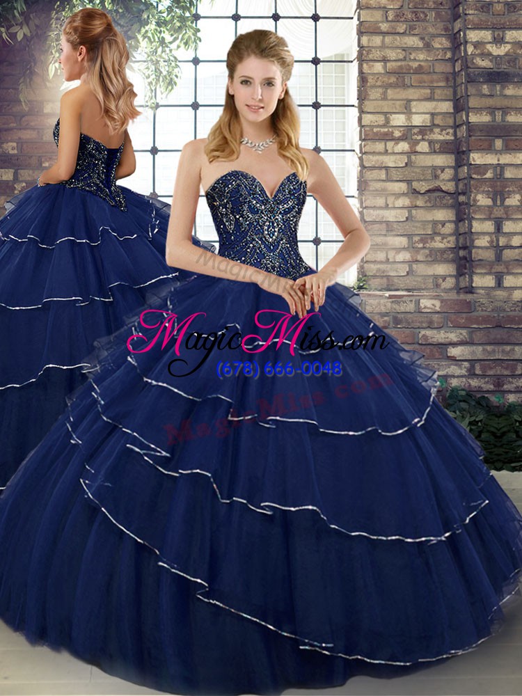 wholesale navy blue tulle lace up sweetheart sleeveless quinceanera dress brush train beading and ruffled layers