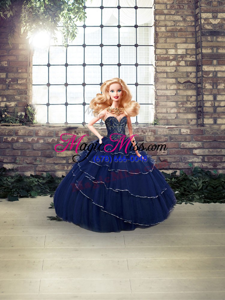 wholesale navy blue tulle lace up sweetheart sleeveless quinceanera dress brush train beading and ruffled layers