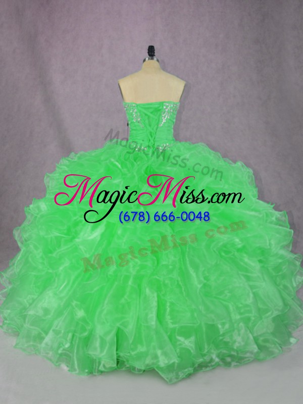 wholesale customized green organza lace up quinceanera gown sleeveless floor length beading and ruffles