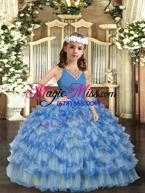 wholesale excellent blue ball gowns organza v-neck sleeveless ruffled layers floor length zipper little girl pageant dress