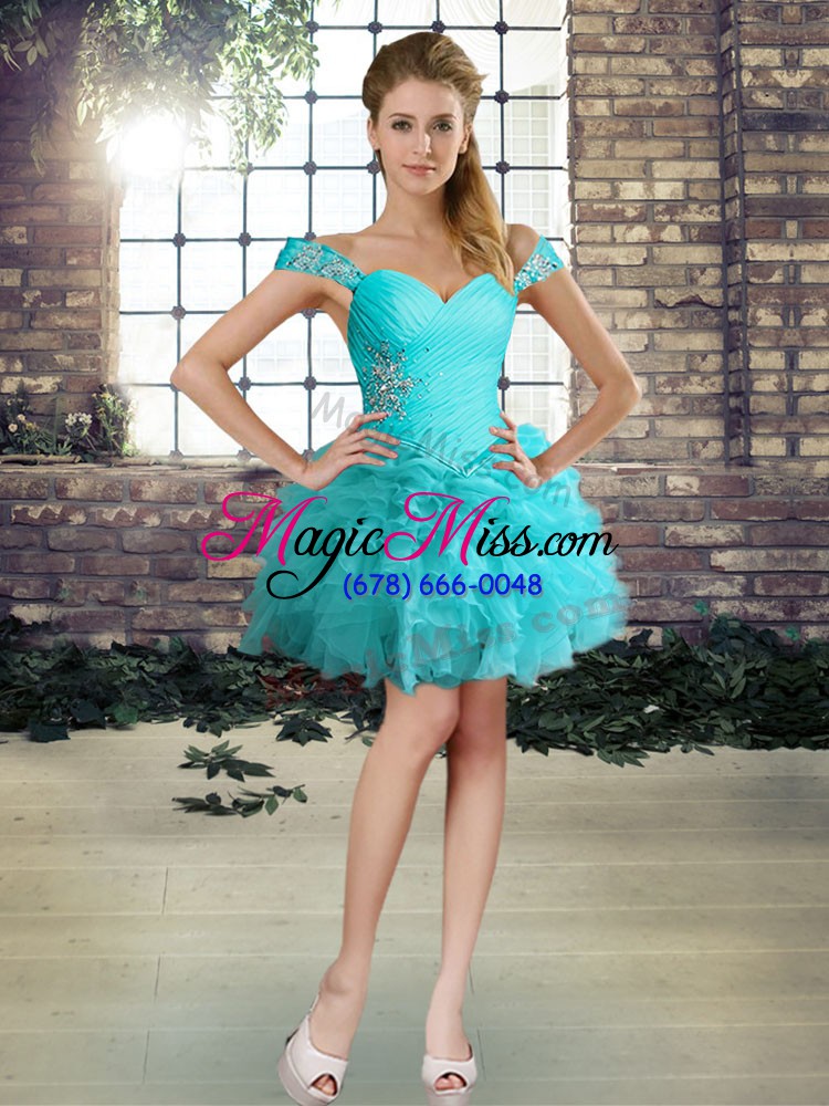 wholesale off the shoulder sleeveless quinceanera gown floor length beading and ruffles and pick ups aqua blue organza