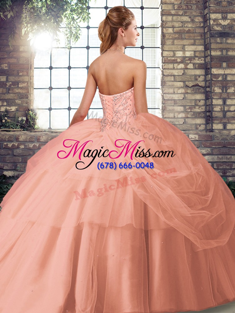 wholesale fuchsia ball gowns tulle sweetheart sleeveless beading and pick ups lace up ball gown prom dress brush train