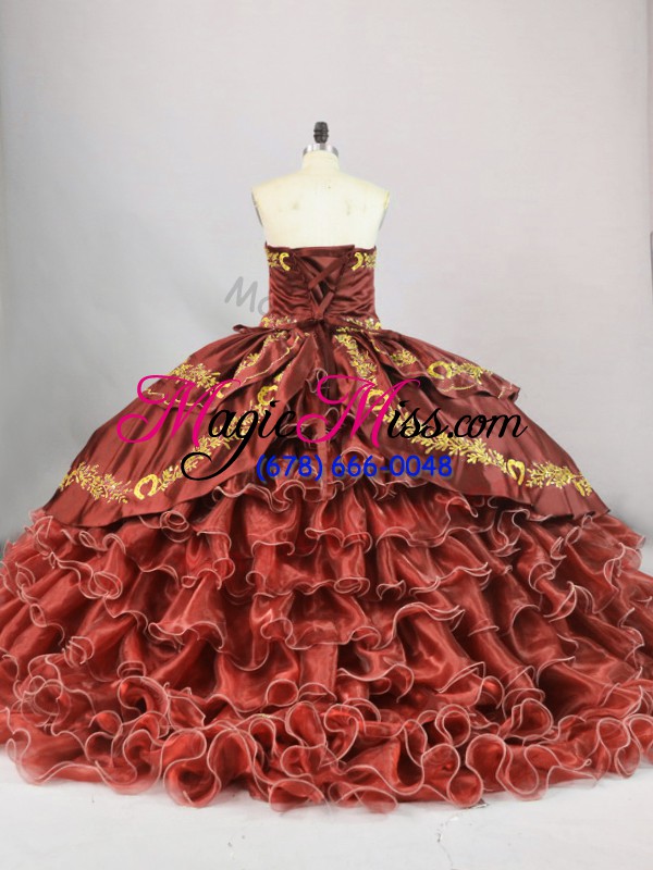 wholesale lace up ball gown prom dress brown and in with embroidery and ruffled layers brush train