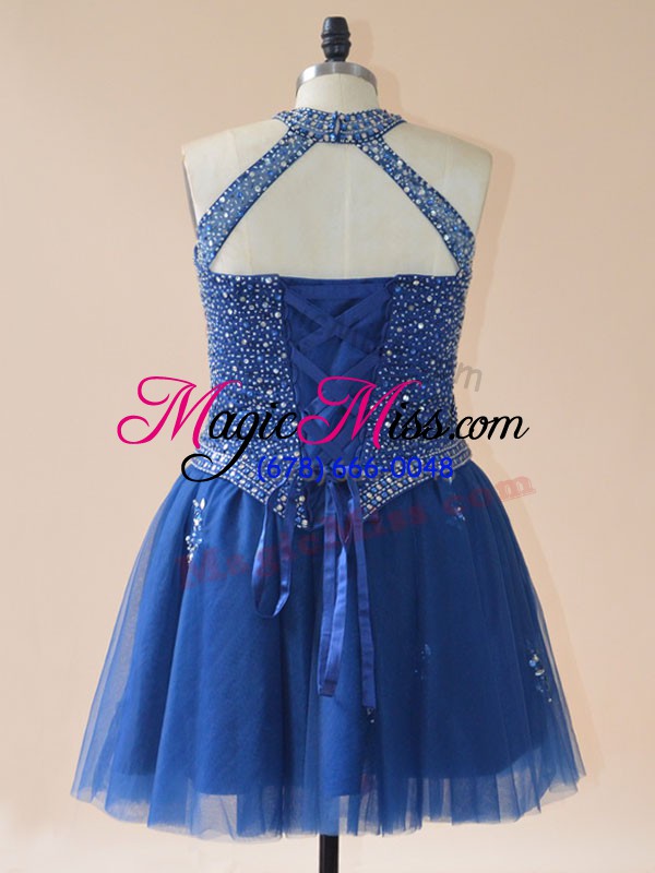 wholesale high quality royal blue lace up dress for prom beading sleeveless mini length