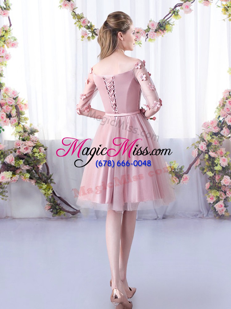 wholesale captivating pink half sleeves tulle lace up bridesmaid dress for wedding party
