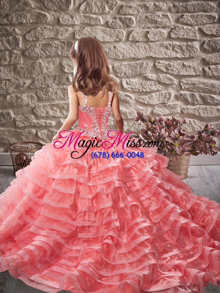 wholesale lace up pageant dress for girls apple green for party and sweet 16 and wedding party with beading and ruffled layers brush train