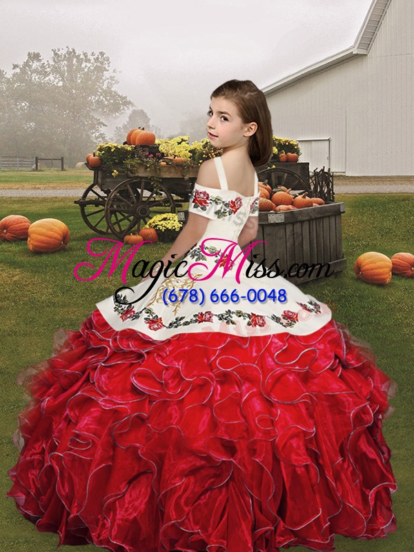 wholesale custom made straps sleeveless child pageant dress floor length embroidery and ruffles red organza
