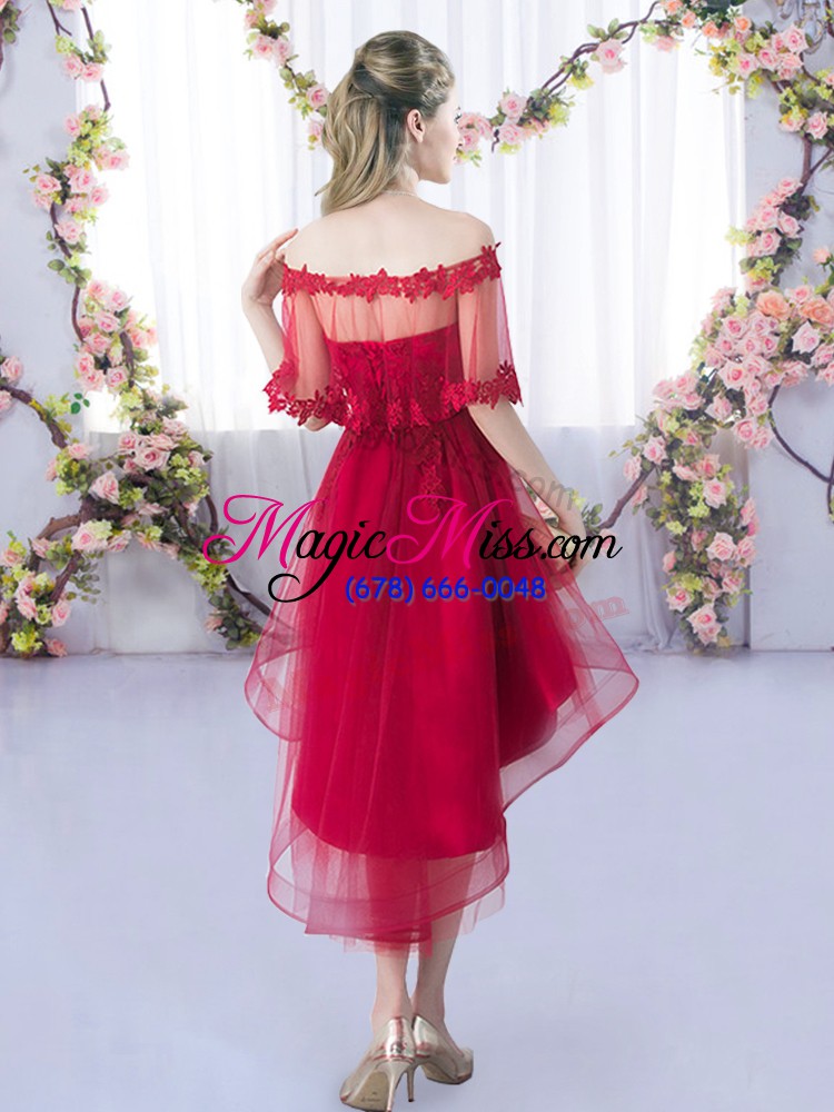 wholesale flare sleeveless lace up high low lace wedding guest dresses