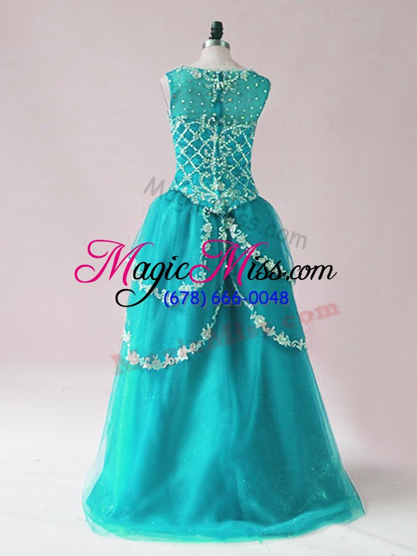 wholesale sleeveless tulle high low zipper prom evening gown in teal with beading and appliques