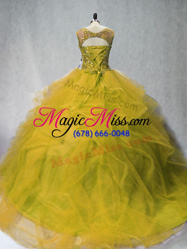 wholesale olive green bateau lace up beading and ruffles sweet 16 quinceanera dress court train sleeveless