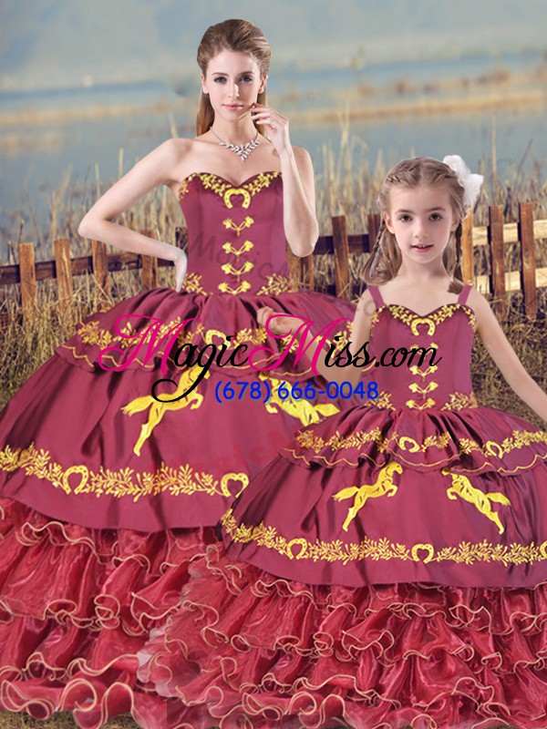 wholesale most popular sleeveless floor length embroidery and ruffled layers zipper sweet 16 dress with burgundy