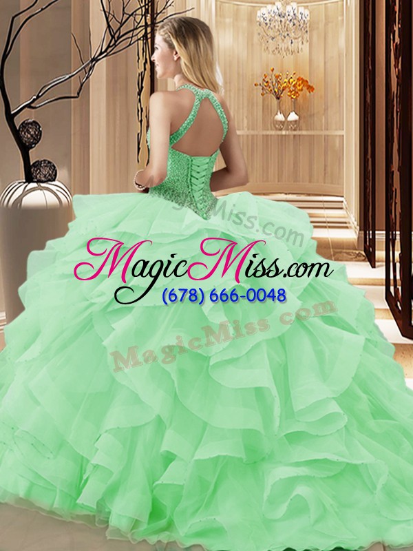 wholesale apple green halter top lace up beading and ruffles quinceanera dress brush train sleeveless
