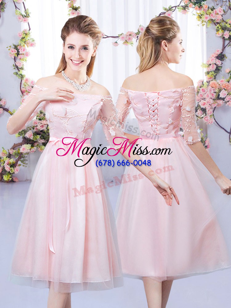 wholesale baby pink lace up v-neck appliques bridesmaid dress tulle sleeveless
