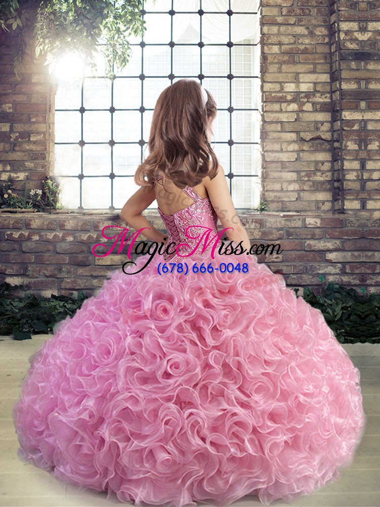 wholesale custom made sleeveless fabric with rolling flowers floor length lace up kids pageant dress in pink with beading