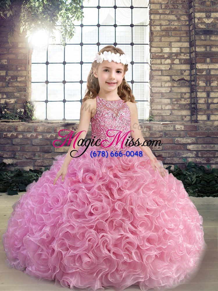 wholesale custom made sleeveless fabric with rolling flowers floor length lace up kids pageant dress in pink with beading
