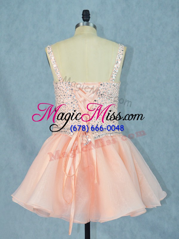 wholesale high class peach lace up straps beading prom gown organza sleeveless
