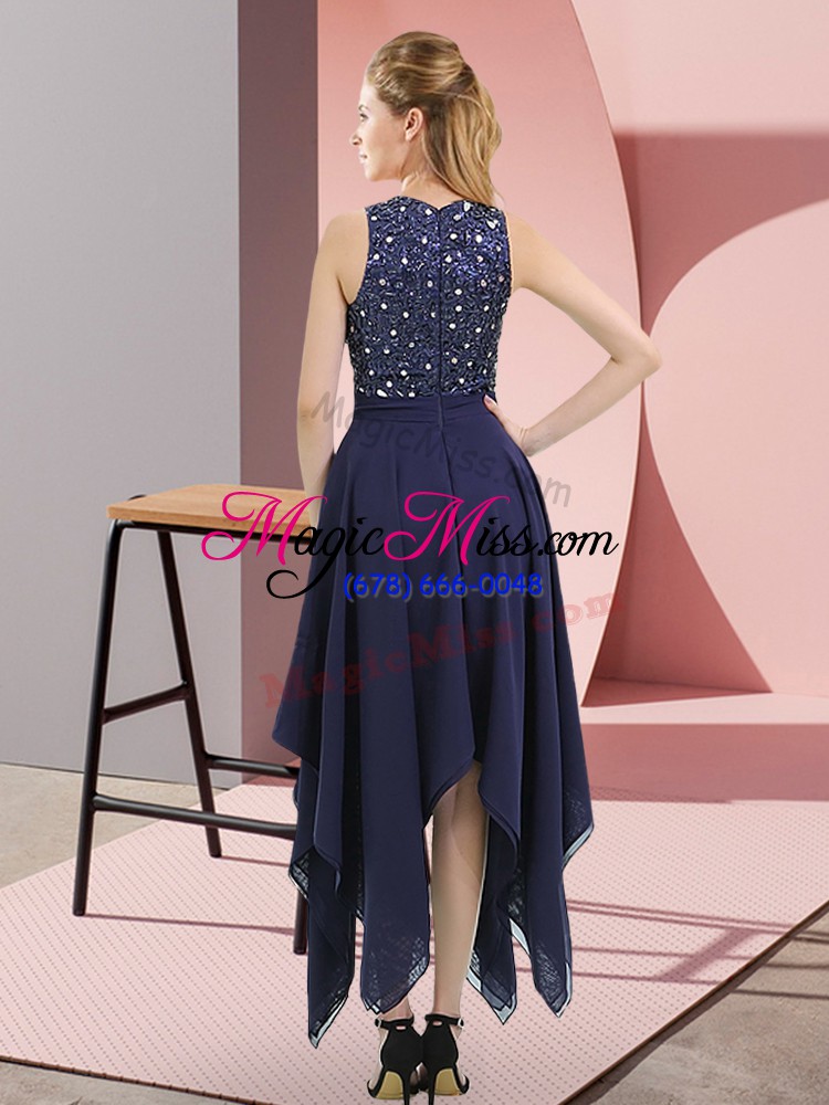 wholesale extravagant asymmetrical navy blue chiffon sleeveless beading and sequins
